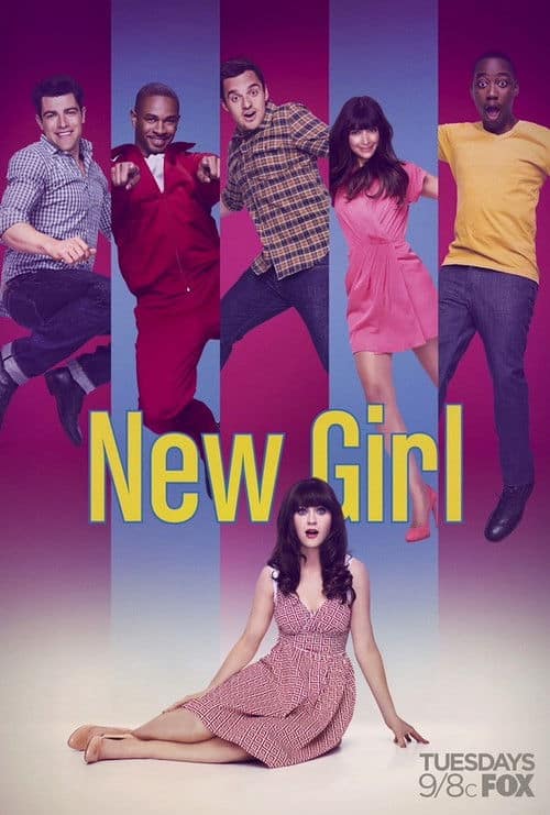 Promotional poster for New Girl featuring Jess seated in front with the main cast posed behind her against a colorful striped background.