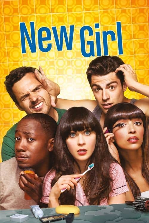 Bright yellow New Girl poster showing five cast members making playful, surprised expressions around a bathroom counter.