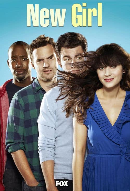 Promotional poster for New Girl featuring four main cast members against a light blue background, with the title at the top.