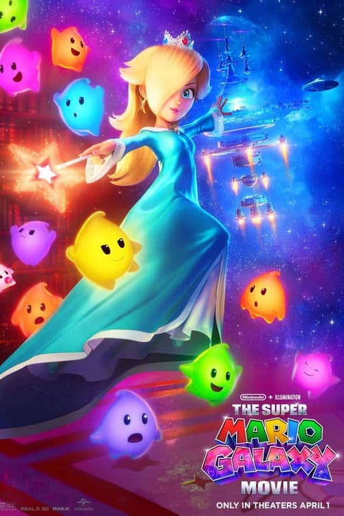 A movie poster for "The Super Mario Galaxy Movie" features Princess Rosalina in her light-blue gown, standing gracefully and pointing her wand. She is surrounded by numerous glowing Lumas, including pink, yellow, blue, purple, and green ones. In the background is a vast blue galaxy with a glowing starship. The movie title and release date are at the bottom.
