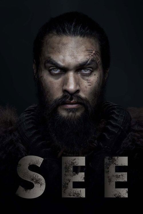 Dark poster for See featuring a rugged bearded man with pale eyes against a shadowy background.