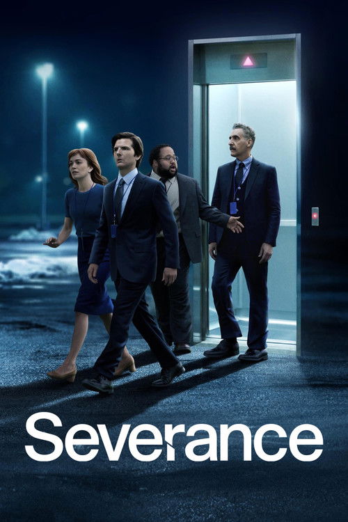 Poster for Severance showing four office workers stepping out of an elevator into a dark outdoor setting at night.