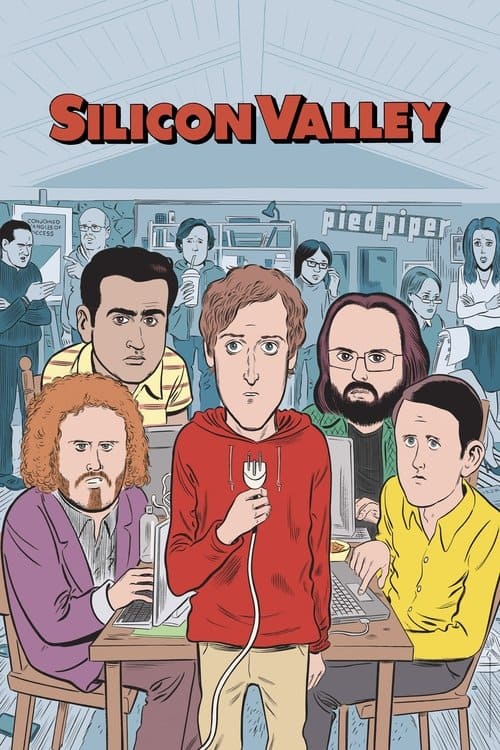 Animated Silicon Valley poster showing the main group gathered around a table with Pied Piper branding in the background