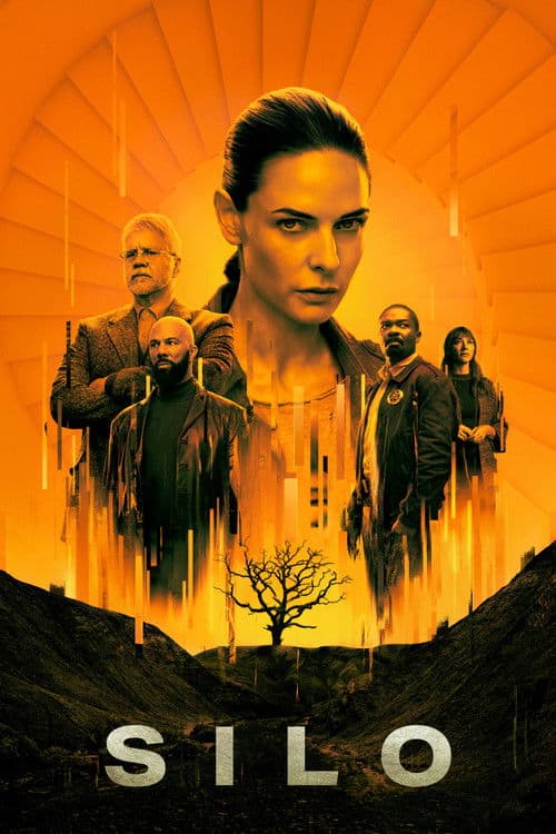 Golden-orange poster for Silo featuring several characters layered above a barren landscape and a lone tree.