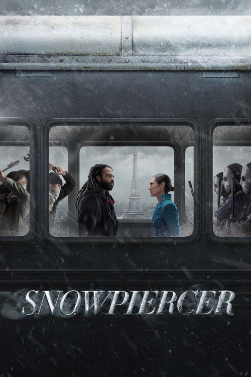 Snowpiercer poster showing two characters facing each other through a train window, with unrest and armed figures in nearby cars.
