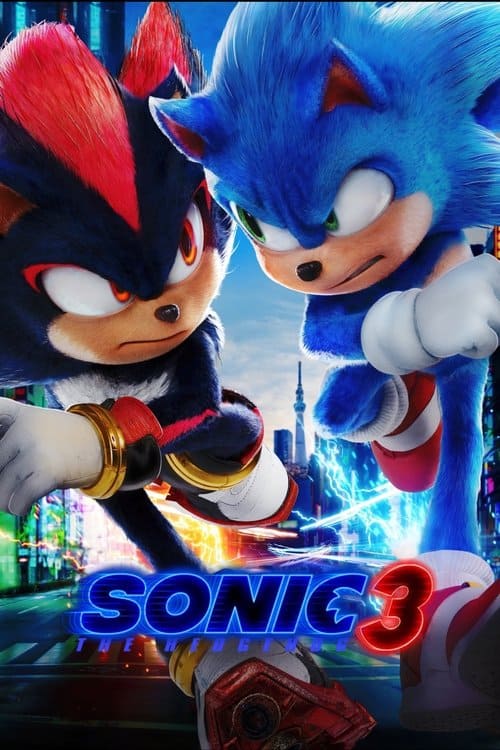 Movie poster for Sonic the Hedgehog 3, showing Sonic and Shadow in dynamic action, capturing the high-stakes, fast-paced video game energy that appeals to the same audience who loved the Super Mario movie.