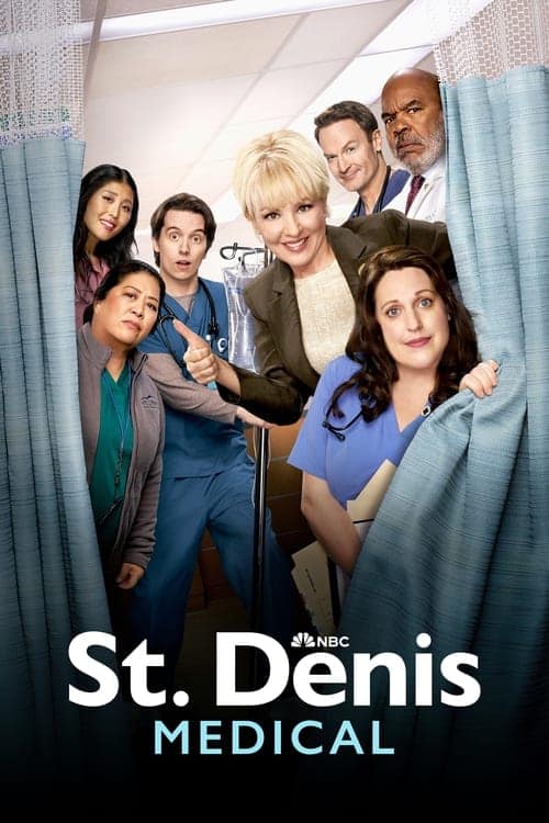 A playful, vertical promotional poster for St. Denis Medical. Seven cast members, including stars Wendi McLendon-Covey (center) and David Alan Grier, are huddle and squeeze together, peeking through a opening in light blue hospital privacy curtains. The central character in green professional wear gives a thumbs-up. They are looking directly at the camera with varying expressions of curiosity and mischief. The NBC peacock logo and white "St. Denis MEDICAL" text are at the bottom.