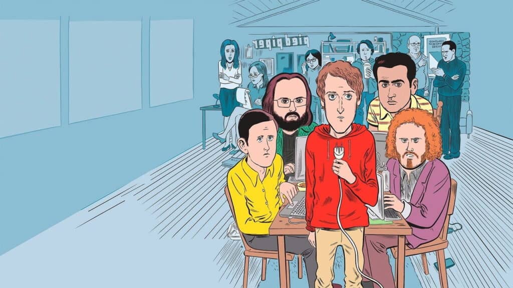 A quirky, detailed illustration in a blue-walled office, showing Richard Hendricks in a red hoodie holding a large electrical plug, with Gilfoyle, Dinesh, Erlich Bachman, Jared, and background Pied Piper employees gathered around a central table filled with laptops and server gear, looking slightly overwhelmed and intense, capturing the show's signature humor.
