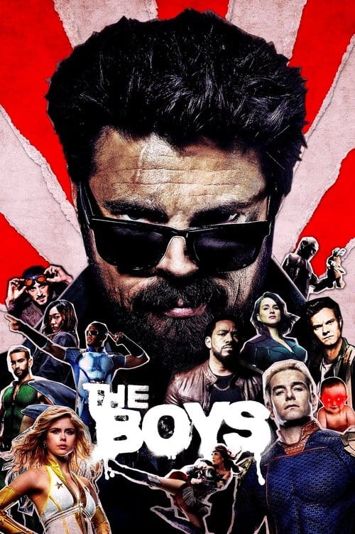 Poster for The Boys featuring a man in sunglasses above a collage of superheroes and supporting characters on a red background.Poster for The Boys featuring a man in sunglasses above a collage of superheroes and supporting characters on a red background.Poster for The Boys featuring a man in sunglasses above a collage of superheroes and supporting characters on a red background.