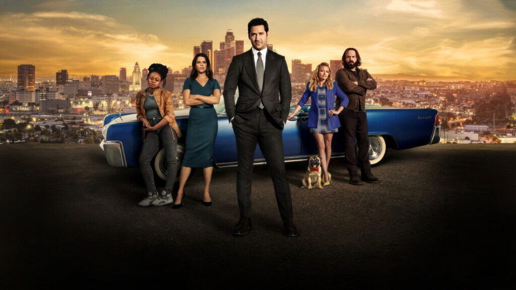 Cast of The Lincoln Lawyer Netflix series standing beside Mickey Haller and the Lincoln car in Los Angeles