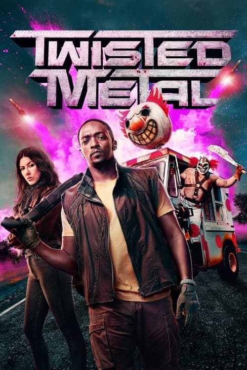 Colorful Twisted Metal poster showing two main characters on a road with an ice cream truck and a masked clown behind them.