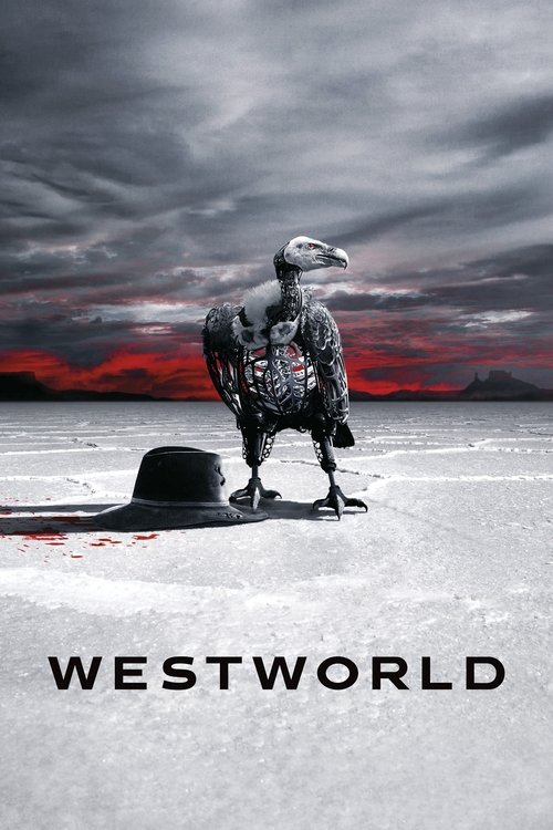 Westworld poster featuring a mechanical vulture standing in a barren desert beside a black hat under a stormy sky.
