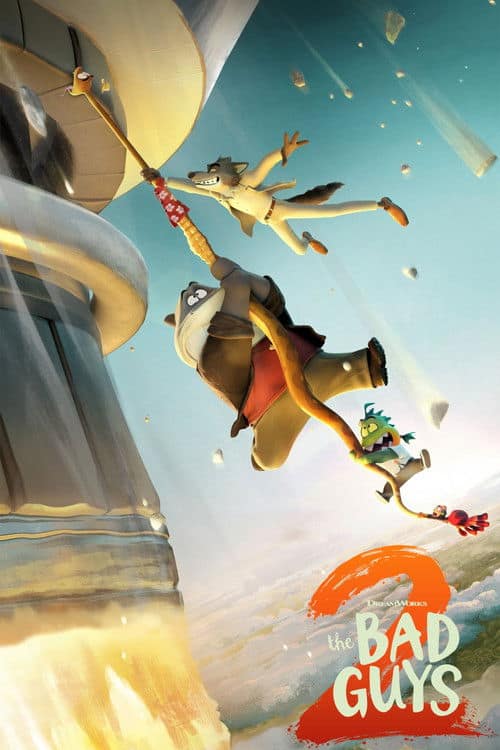 An energetic action poster from DreamWorks' The Bad Guys 2 showing Mr. Wolf in a white suit hanging while pulling on a thick yellow rope with Mr. Shark beneath him, and Mr. Piranha clinging to Mr. Shark's back, all set against a backdrop of a city below and launching rockets. The movie logo "The Bad Guys 2" is in the corner.