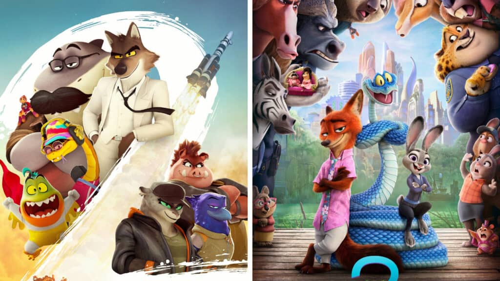 A vertical split-screen image. The left side shows The Bad Guys crew (Mr. Wolf, Mr. Shark, Mr. Snake, Ms. Tarantula, Mr. Piranha) in front of a launching rocket. The right side shows The Zootopia 2 team (Nick Wilde, Judy Hopps, and Gary De'Snake) in front of the Zootopia skyline. The movie logos are missing from this version.
