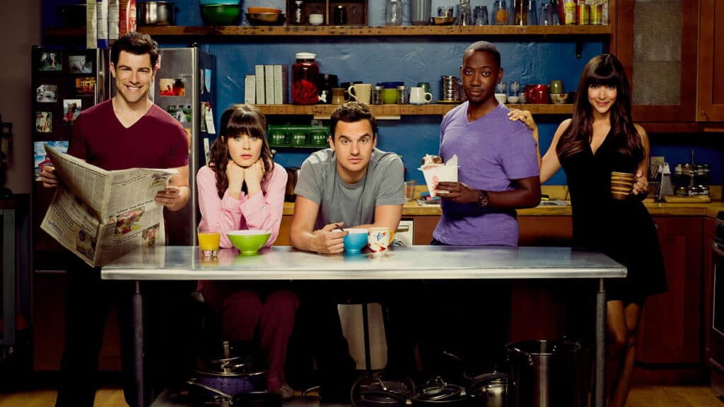 Side-by-side promotional image comparing the casts of New Girl and Happy Endings, with the New Girl group on the left and the Happy Endings group on the right.