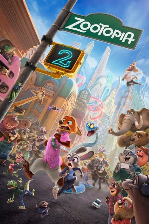 A dynamic action scene from Disney's Zootopia 2 showing Nick Wilde and Judy Hopps running in panic down a futuristic Zootopia street under a street sign that says "Zootopia" and an LED light displaying the number "2," while a blue snake (Gary De'Snake) chases behind them amidst a diverse crowd of diverse animal species.