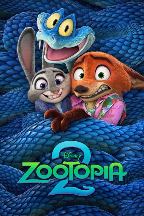 Disney's Zootopia 2 movie poster showing a close-up of Judy Hopps (bunny) and Nick Wilde (fox) looking surprised as the blue-scaled Gary De'Snake (reptile) opens his mouth from above them, all set against a background of giant blue coils.