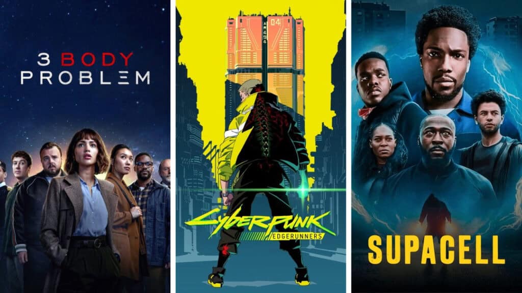 A horizontal collage of three Netflix sci-fi show posters, used as a 'quick list' for recommended binge-watching. On the left is the cast poster for '3 Body Problem' set against a starry sky. In the center is the distinct yellow and black graphic poster for the anime 'Cyberpunk: Edgerunners.' On the right is the gritty blue-toned cast poster for 'Supacell.' This collage summary identifies the 3 Sci-Fi Shows on Netflix to Watch and Skip right now.