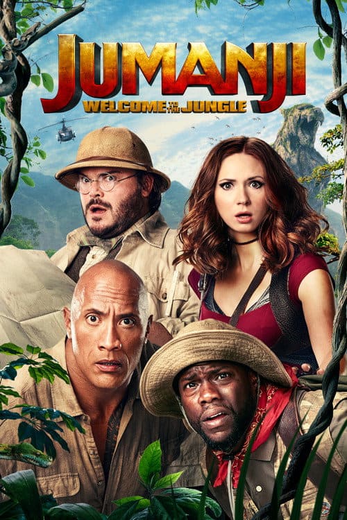 A movie poster for "Jumanji: Welcome to the Jungle," featuring the four main characters: Dr. Smolder Bravestone (Dwayne Johnson), Mouse Finbar (Kevin Hart), Sheldon Oberon (Jack Black), and Ruby Roundhouse (Karen Gillan). They are looking apprehensive and are surrounded by a dense, green jungle and vines.