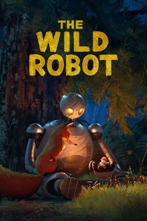 A movie poster for "The Wild Robot," featuring a large, grey, articulated robot sitting in a forest clearing. The robot is looking at a small fox and holds a small, glowing seed in its hand. The background is a dark, lush forest, with moss and wildflowers around them. "THE WILD ROBOT" is written in rugged yellow letters at the top.