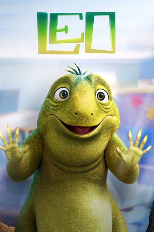 An animated film poster for "Leo," featuring a close-up of a green, aged cartoon lizard with large, kind eyes and a welcoming expression, holding its hands out in a small "hello" or "stay back" gesture. The reptile's skin is detailed and scaly. "LEO" is written in playful green and yellow stylized letters above its head. The background is a soft, blurry image of a classroom.