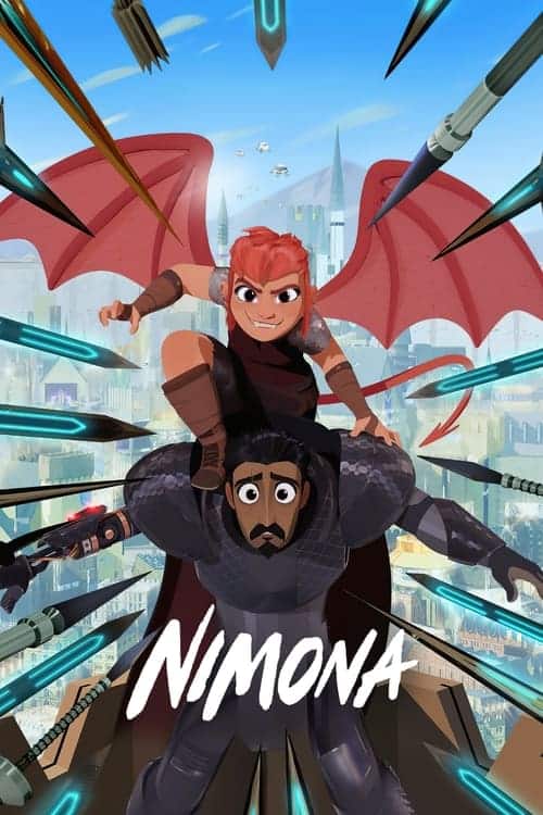 An animated film poster for "Nimona," depicting the shape-shifter Nimona, with short red hair and red dragon wings, sitting on the shoulders of Ballister Boldheart, a knight in black armor who looks surprised. They are in a futuristic fantasy city, surrounded by a hail of stylized energy-powered arrows that appear to be missing them. The title "NIMONA" is at the bottom in a brushed white font.