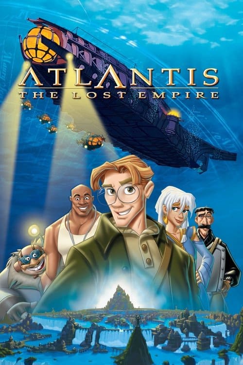 Milo Thatch and his crew in front of a glowing submarine and the city of Atlantis.