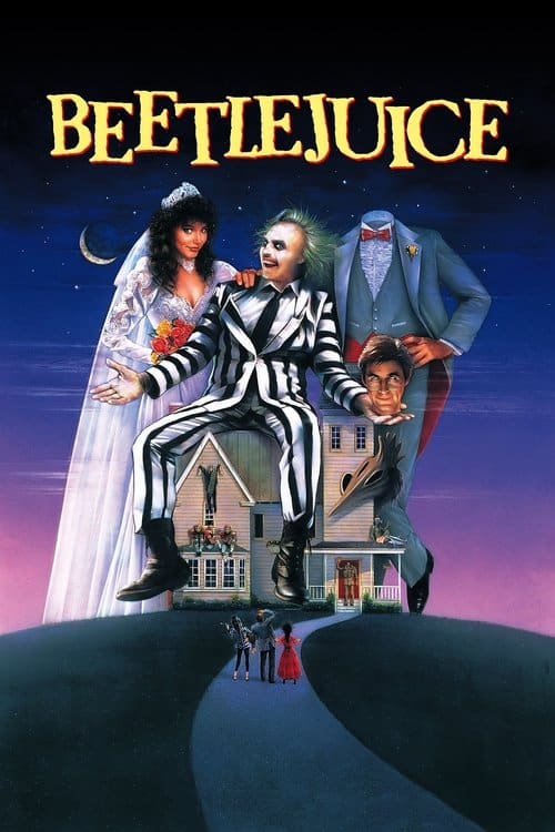 The classic illustrated movie poster for Beetlejuice (1988), featuring the character in a striped suit sitting on the roof of a miniature house. It’s an essential recommendation for parents curating a list of creepy-funny movies like Ghostbusters.