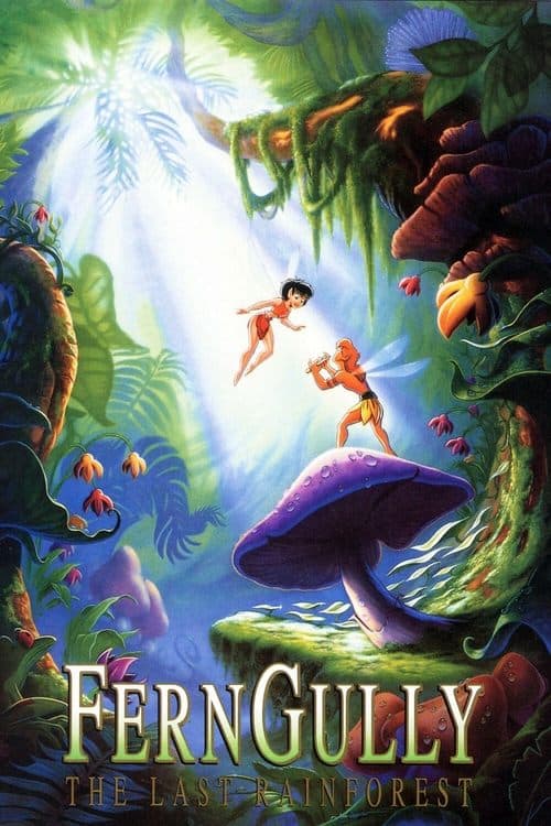 Fairies Zak and Crysta in a magical, sunlit rainforest on the FernGully movie poster.