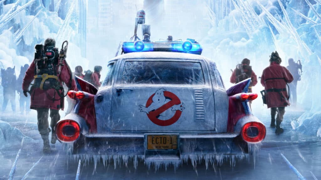 A cinematic poster of the Ecto-1 driving through an icy, frozen cityscape. This modern entry is perfect for families seeking action-heavy movies like Ghostbusters that merge new technology with classic spooks.
