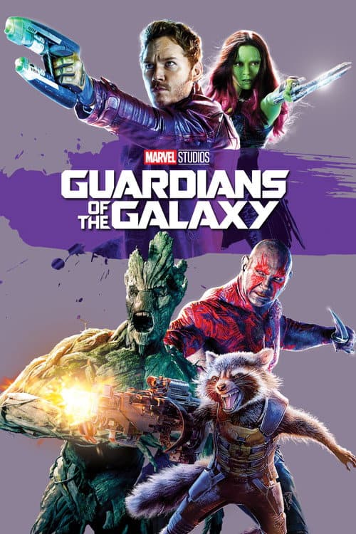 Star-Lord, Gamora, and Groot posing for the Guardians of the Galaxy movie poster.