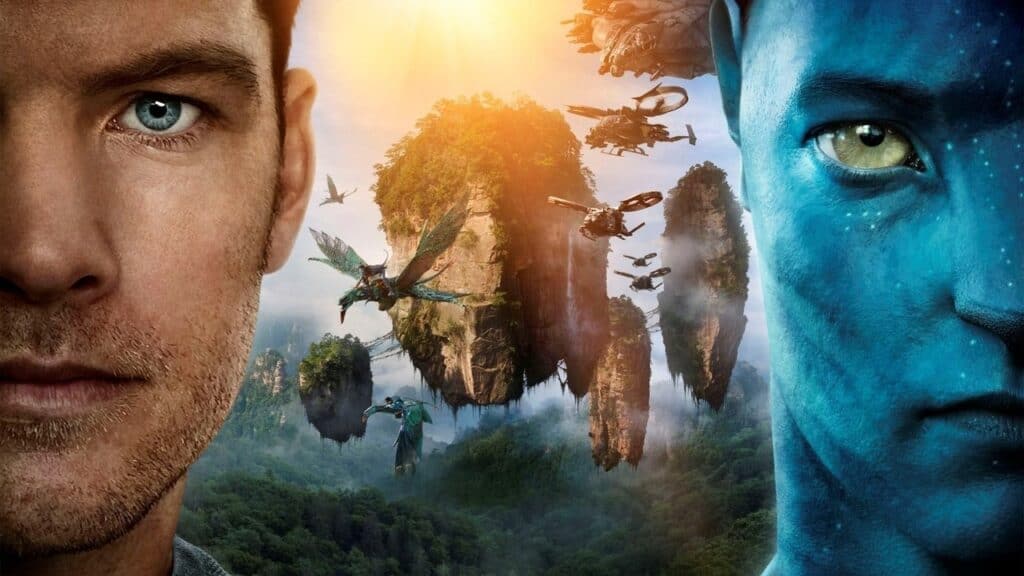 Close-up of Jake Sully and a Na'vi face with the floating mountains of Pandora in the center.