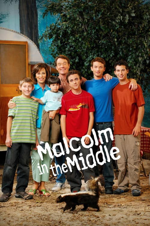 The cast of Malcolm in the Middle, including Hal, Lois, and all five sons, posing in an outdoor campsite setting with a trailer. In the foreground, there is a badger and a lineup of small action figurines representing each character.