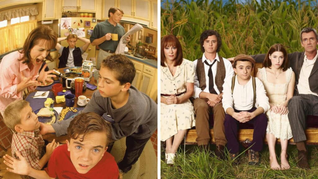 A split-screen image showing the frantic, high-energy Wilkerson family from Malcolm in the Middle on the left and the stoic, Midwestern Heck family from The Middle on the right.