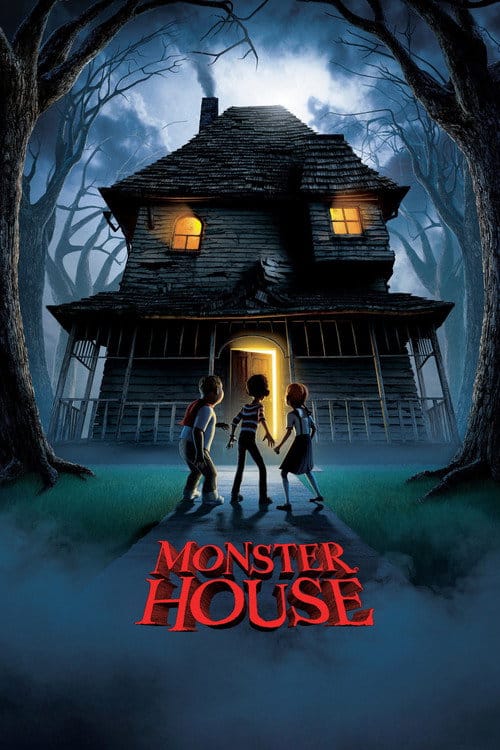 Three children standing in front of a dark house that has transformed into a giant monster.
