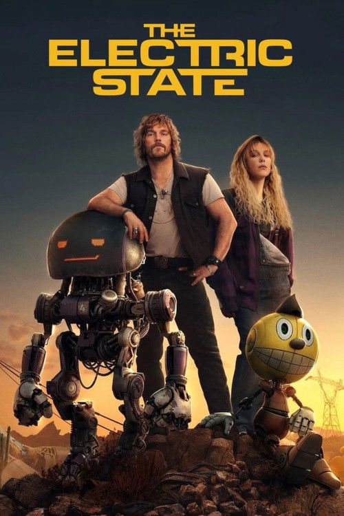 The main promotional poster for Netflix's '$320 Million flop,' 'The Electric State.' It features Chris Pratt and Millie Bobby Brown standing on a desert rock formation, flanked by large retro-futuristic robots, all set against a dusty sunset. This film is our definitive 'Skip' pick.