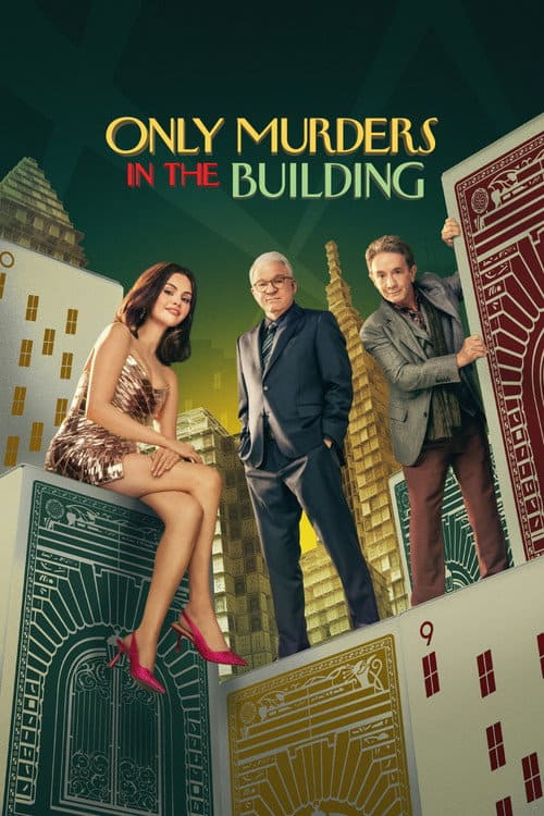 Only Murders in the Building poster featuring the three lead characters standing among stylized New York apartment buildings.