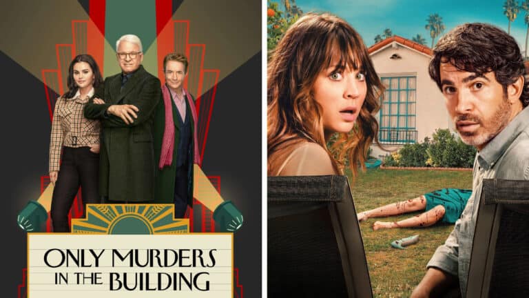 Split image comparing Only Murders in the Building with Based on a True Story, two mystery comedy shows about murder, crime, and amateur investigations.