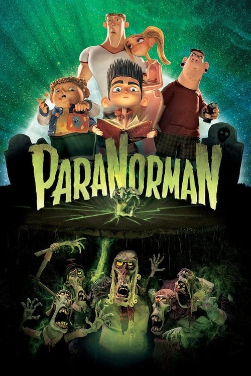 An illustrated poster for ParaNorman, showing the stop-motion character Norman surrounded by colorful, cartoon ghosts. This film represents the best animated movies like Ghostbusters for a slightly spookier family night.