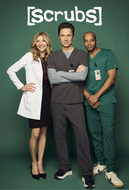 A vertical vertical full body shot of Sarah Chalke, Zach Braff, and Donald Faison, all wearing medical scrubs and a white coat, standing together and looking directly at the camera. Chalke has a hand on her hip, Braff’s arms are crossed, and Faison has his hands clasped in front of him. The [scrubs] title is in the top left corner.
