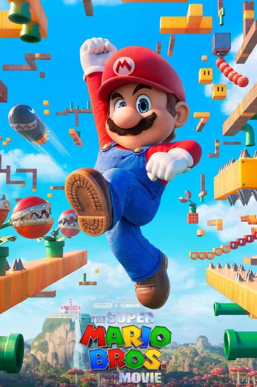Mario is shown leaping mid-air across a dense network of yellow blocks, pipes, and platform-like structures that form a complex, vertical pathway. Obstacles like Piranha Plants and a Banzai Bill are also visible. In the deep background, a realistic Mushroom Kingdom castle is nestled in rolling hills. The title "THE SUPER MARIO BROS. MOVIE" is in the lower center.