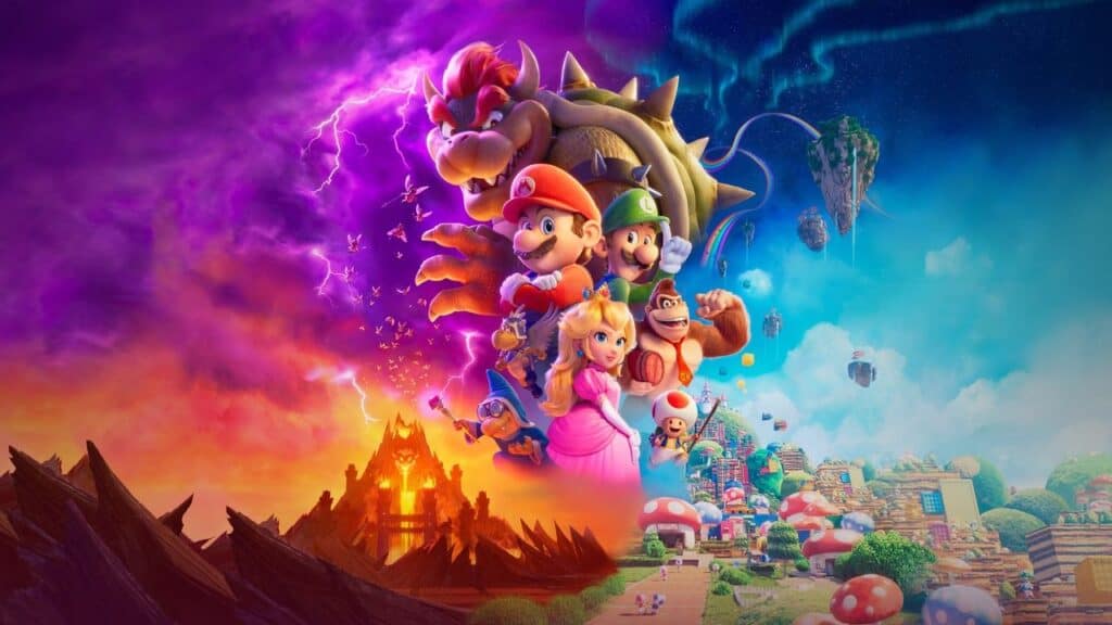 A horizontal, cinematic poster featuring a balanced composition of characters from the movie. The left side is a fiery volcanic landscape with a large Bowser figure; the right side shows the vibrant, mushroom-filled Mushroom Kingdom with Mario, Luigi, Princess Peach, Toad, and Donkey Kong. Magical effects and a rainbow connection tie the two worlds together.