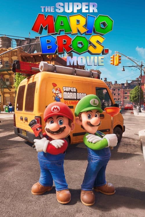 A vertical movie poster featuring a stylized, photorealistic view of Brooklyn. A bright yellow "SUPER MARIO BROS. PLUMBING" van is parked on the street. In front of it, Mario with a wrench and Luigi with a plunger stand back-to-back, smiling confidently. The colorful title "THE SUPER MARIO BROS. MOVIE" sits prominently above the cityscape.