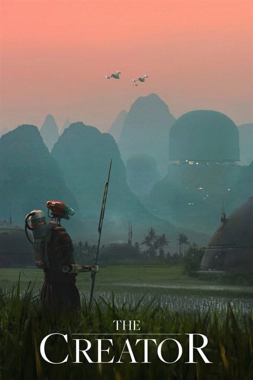 An automated robot holding a spear looking out over a hazy valley in The Creator.