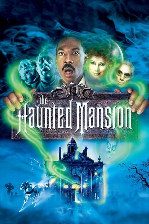 Eddie Murphy looking surprised as ghosts swirl around him in a haunted library.