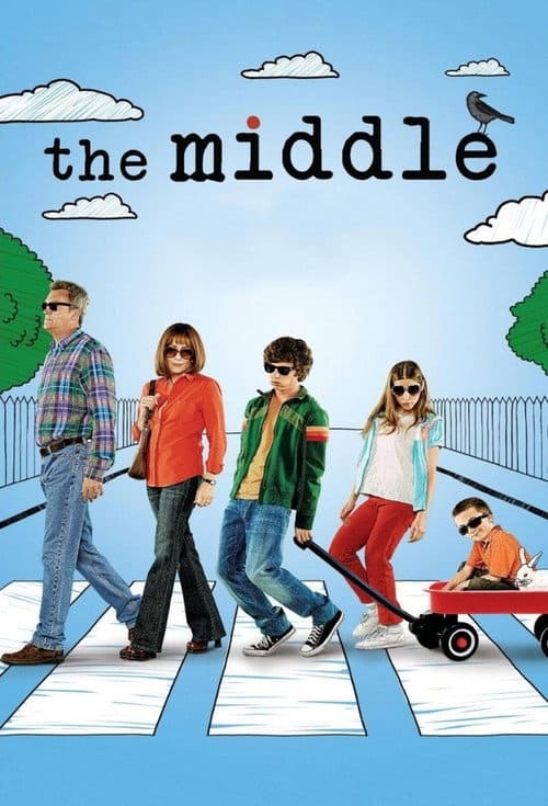 The Heck family from the TV show The Middle parodying the Beatles Abbey Road album cover by walking across a suburban street wearing sunglasses.