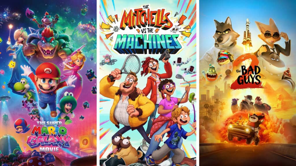 A side-by-side comparison of three animated movie posters. On the left is the cosmic and colorful poster for "The Super Mario Galaxy Movie" featuring Mario, Peach, and Bowser in space. In the center is the vibrant, illustrated poster for "The Mitchells vs. the Machines" showing a quirky family ready for a robot apocalypse. On the right is the action-packed poster for "The Bad Guys 2" featuring a crew of animal outlaws in front of a city skyline and an explosion.