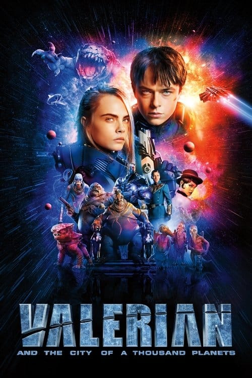 Major Valerian and Laureline surrounded by colorful alien species in deep space.