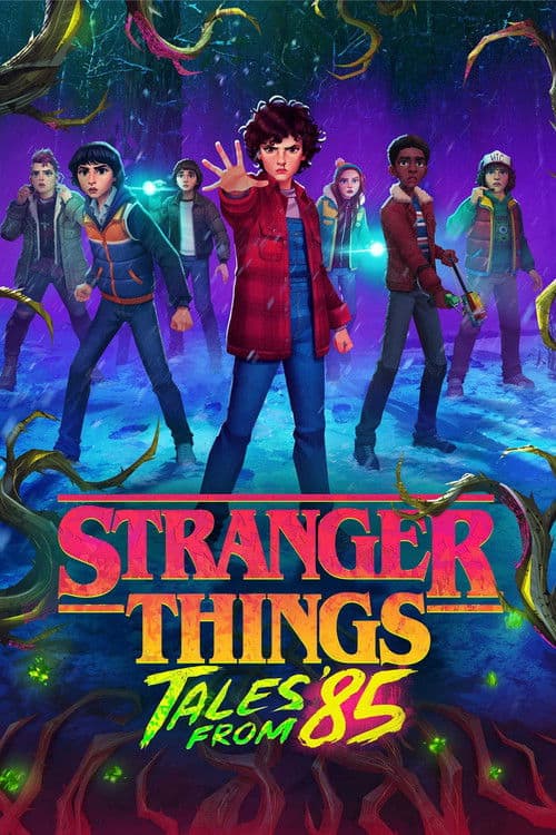 The main cast of Stranger Things Tales From 85, including Eleven, Mike, and Dustin, standing in a dark winter forest with glowing blue flashlights.
