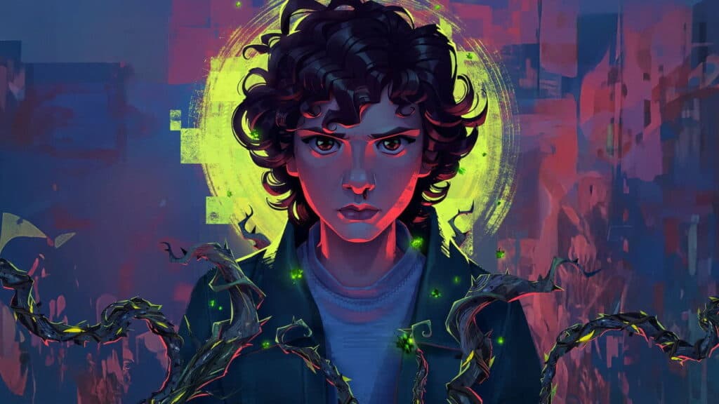 A stylized, vibrant digital painting of Eleven surrounded by dark vines and a yellow glowing halo in the Stranger Things animated series.